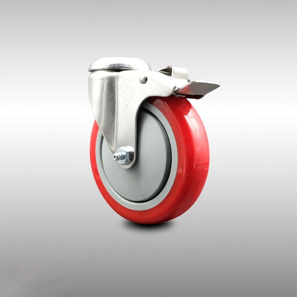 5 Inch 316SS Red Polyurethane Swivel Bolt Hole Caster with Total Lock Brake